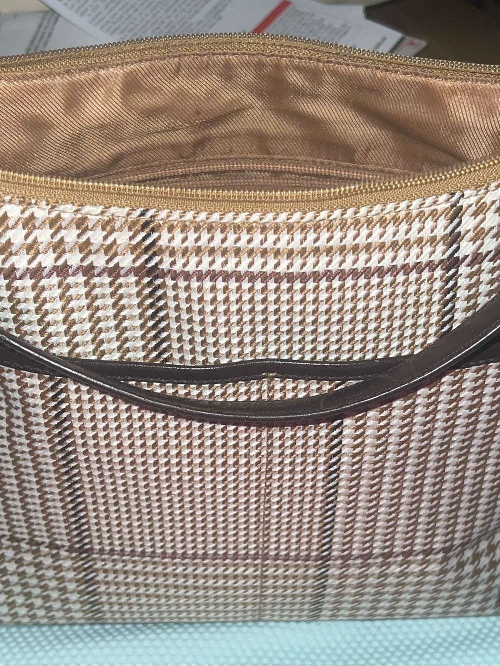 Brown and Cream Plaid Tote Bag with Brown Trim by Ralph Lauren